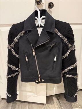 Squared Black Embellished Women's Moto Jacket
